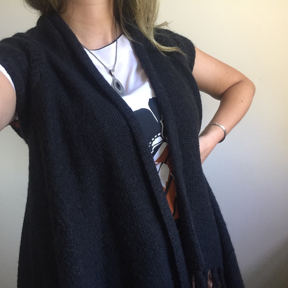 Black Knit Fringe Shawl Sweater Asymmetrical - Picture 5 of 6